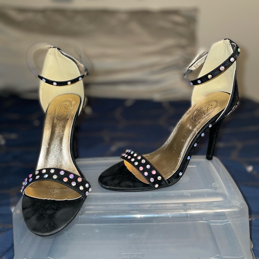 Size 7 black velvet heels with AB rhinestones